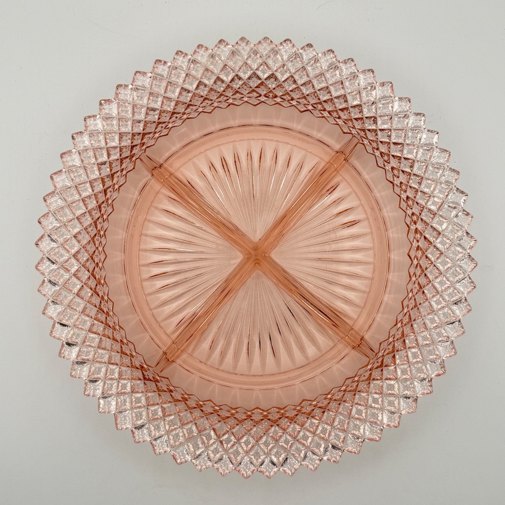 Vintage Pink Depression Glass Divided Relish Dish Diamond Sawtooth Rim 8.75